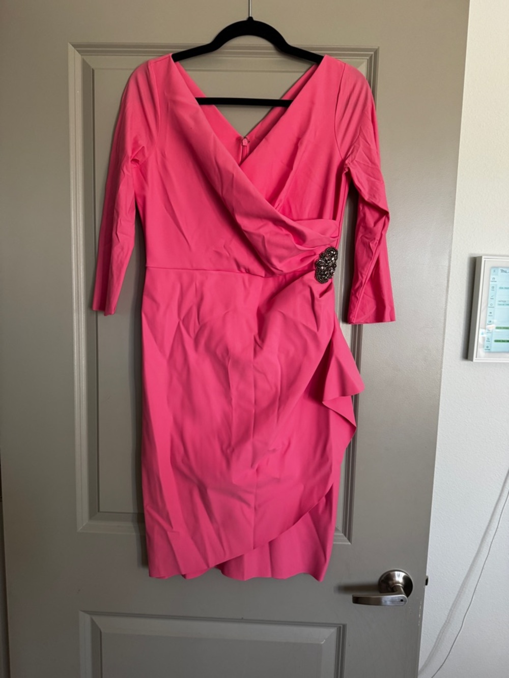 Alex Evenings Hot Pink Wrap-Front Midi Dress with Brooch Accent